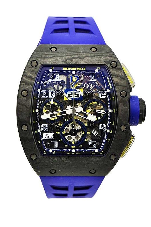 A blue watch with a black dial and translucent face