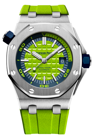 A green watch with a silver green and blue face