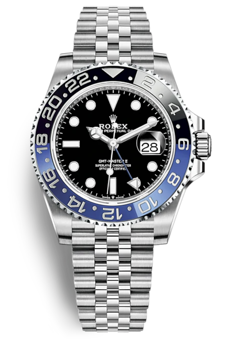 A silver rolex with a black and blue dial and a black face