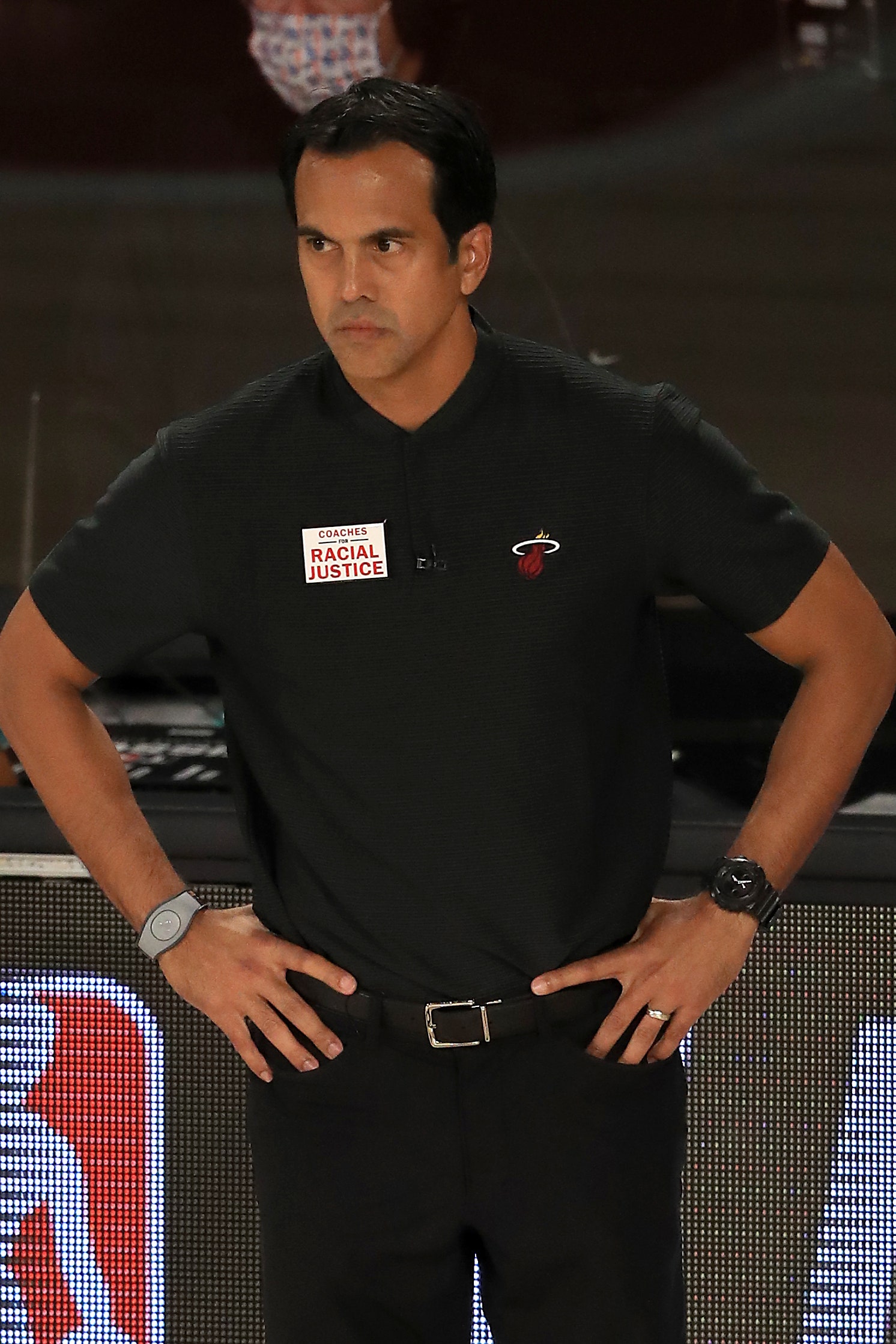 Erik Spoelstra of the Miami Heat coaching a game