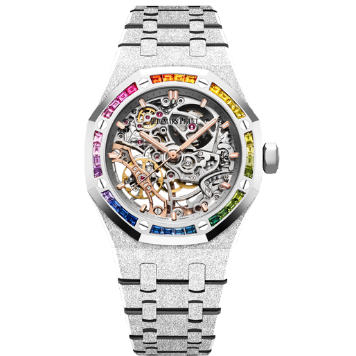 A steel watch with a rainbow diamond encrusted dial and a translucent face