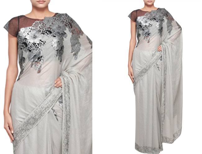 lovely grey saree with silver borders