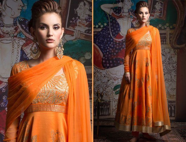 Embroidered Orange Anarkali Suit