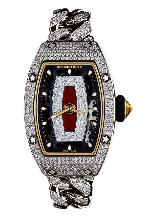 A diamond encrusted richard mille watch with a transparent face