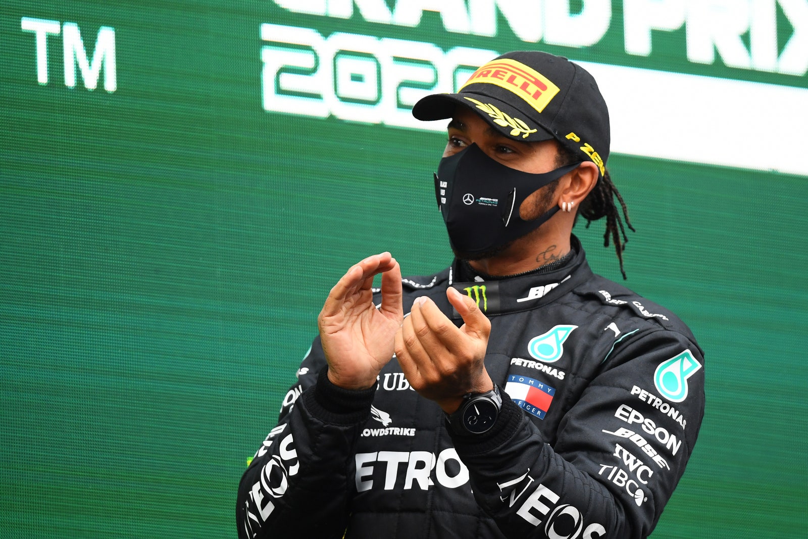 Lewis Hamilton of Great Britain and Mercedes GP celebrates winning a 7th F1 World Drivers Championship