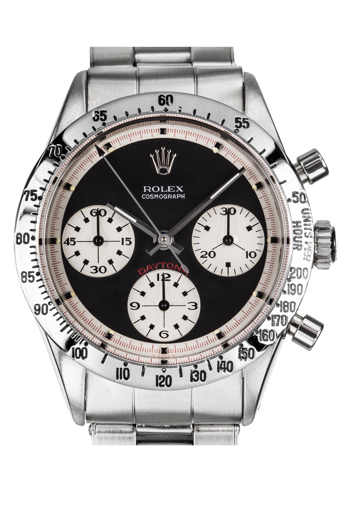 A silver rolex with a black face