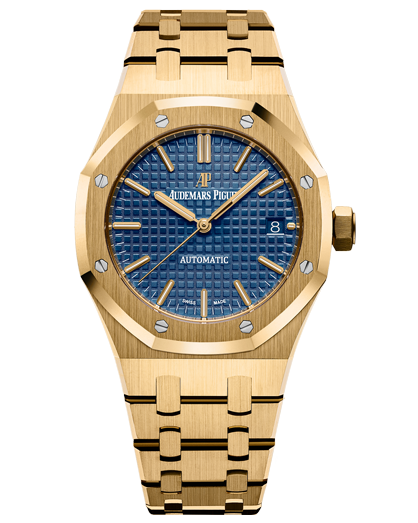 A gold watch with a blue face