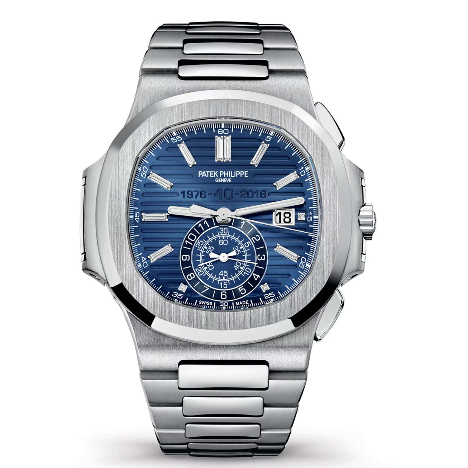 A silver and blue patek