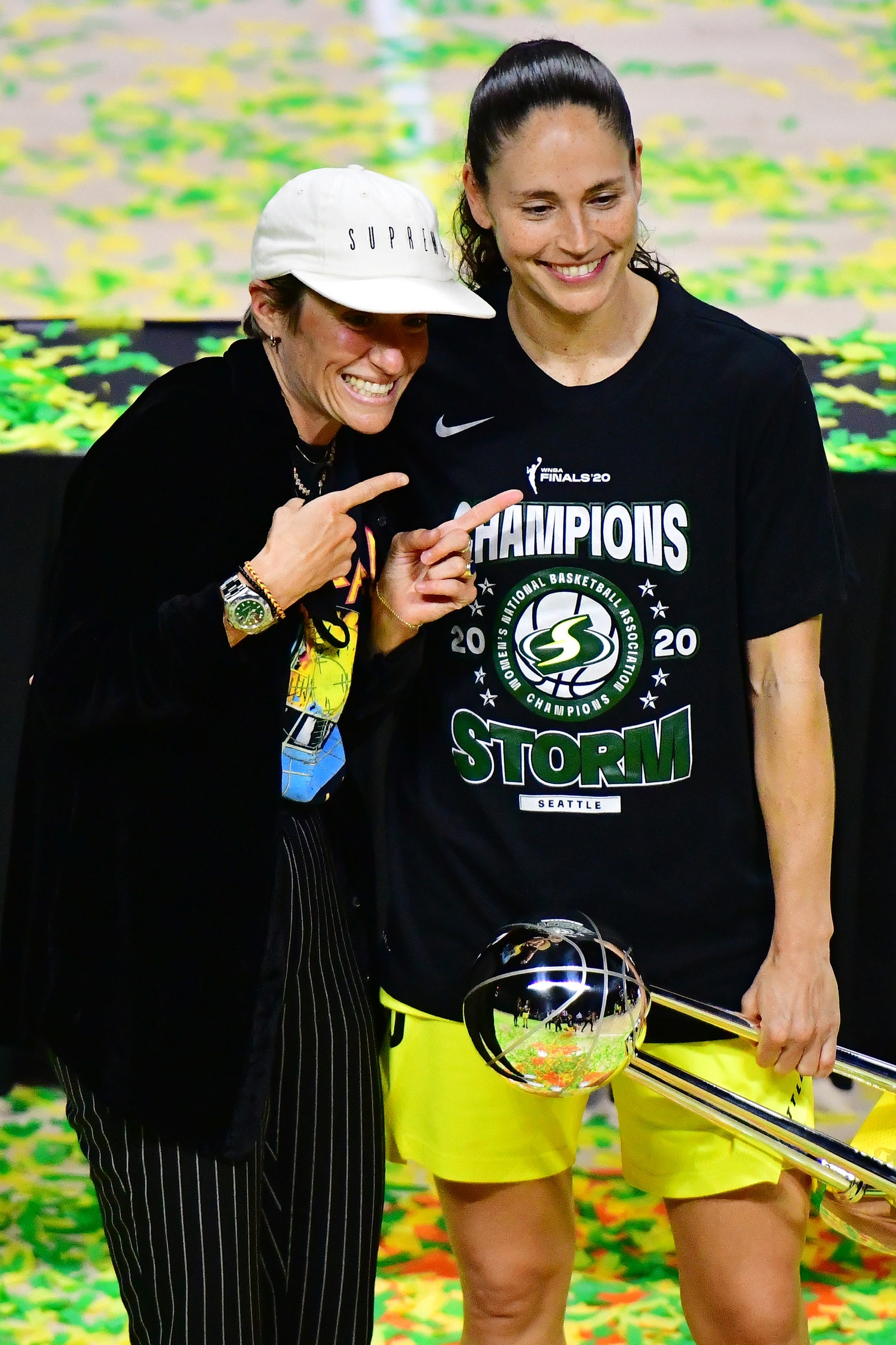 Sue Bird and Meghan Rapinoe celebrating winning the WNBA championship