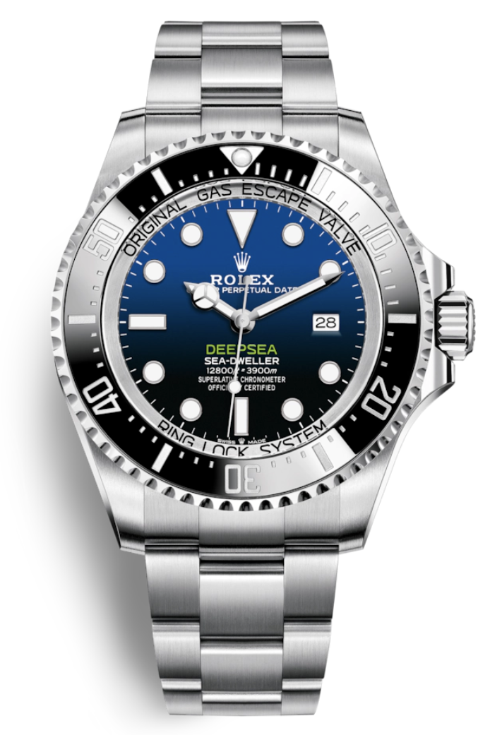 A silver rolex with a blue face