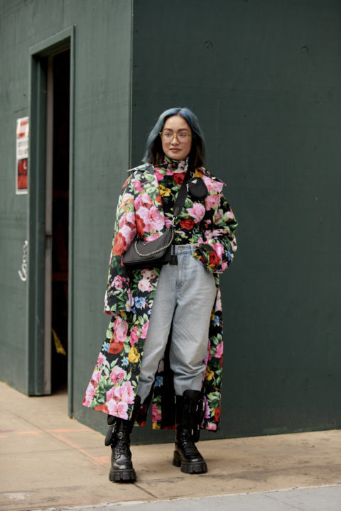 floral coat pants tucked into boots