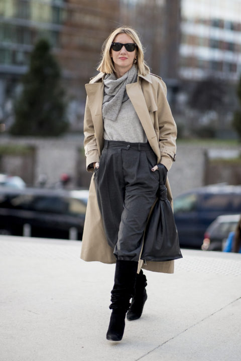 coat and scarf pants tucked into boots