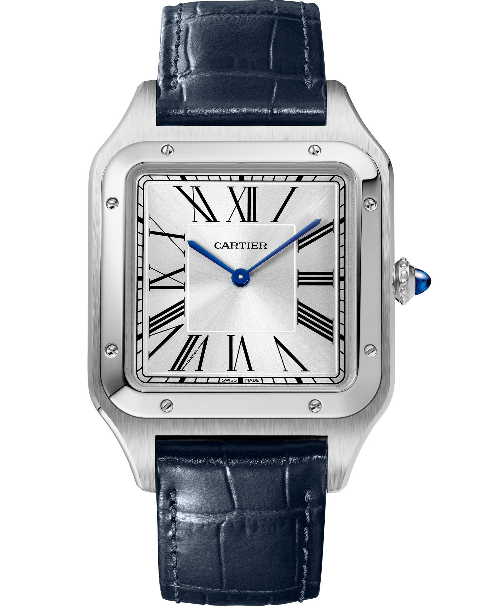 A silver watch with a blue strap and blue hands