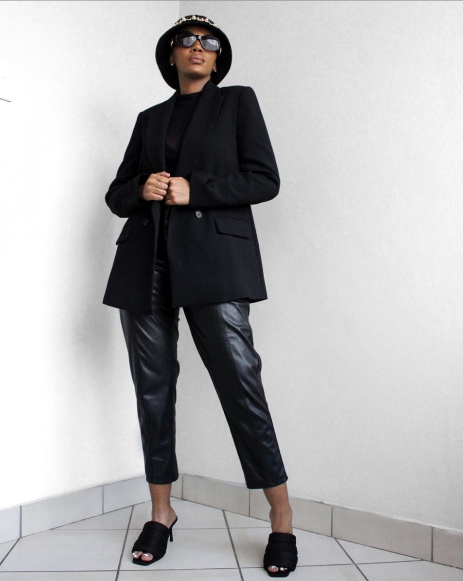 Katlego Tefu black bucket oversized blazer leather trousers black mules stylerave
