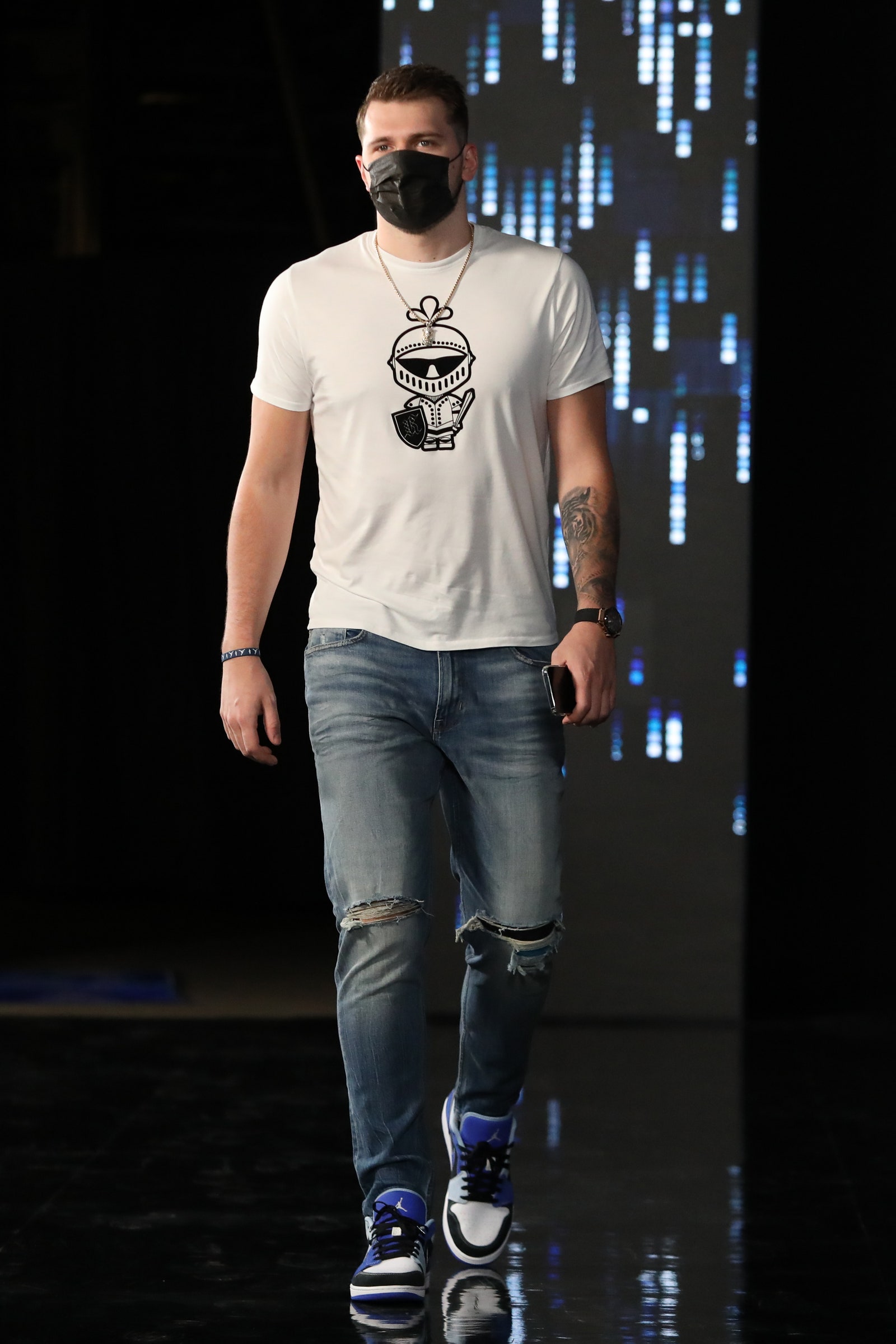 Luka Doncic of the Dallas Mavericks arrives to the arena before the game against the LA Clippers