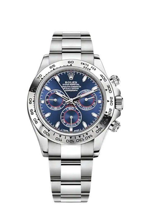 A silver watch with a blue reed and white face