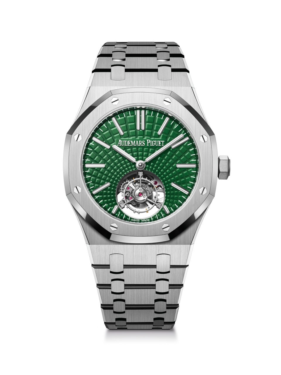 a steel watch with a green face