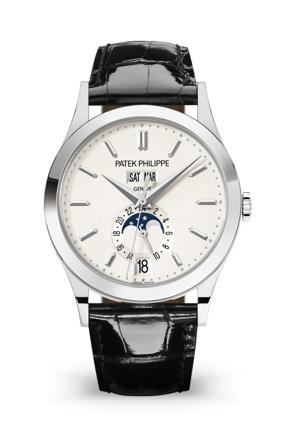 A silver watch with a white face and moon and star accents