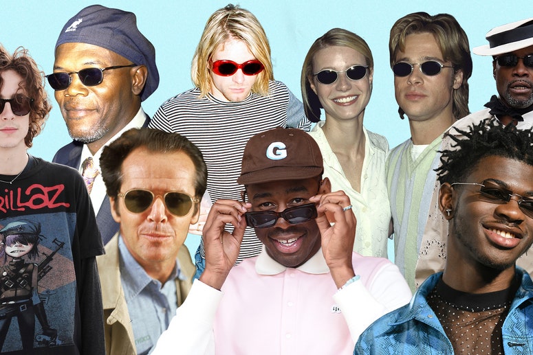 A collection of different celebrities like Lil Nas X, Brad Pitt, and Timothee Chalamet wearing sunglasses
