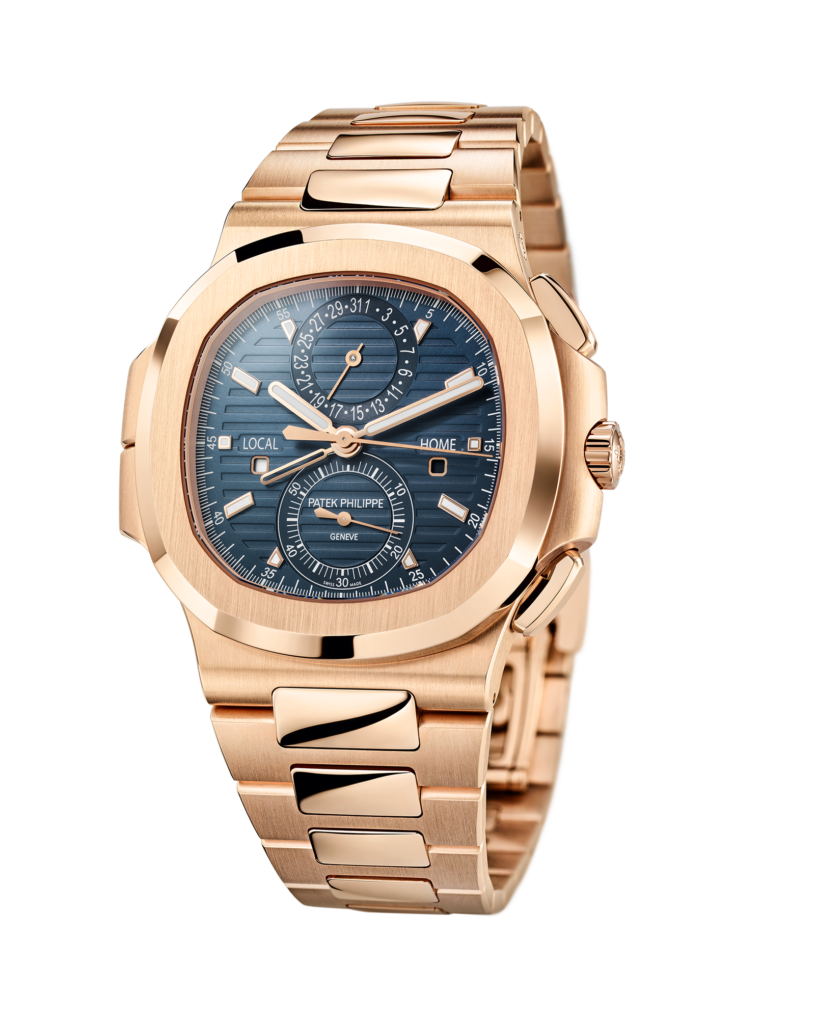 A gold watch with a blue face