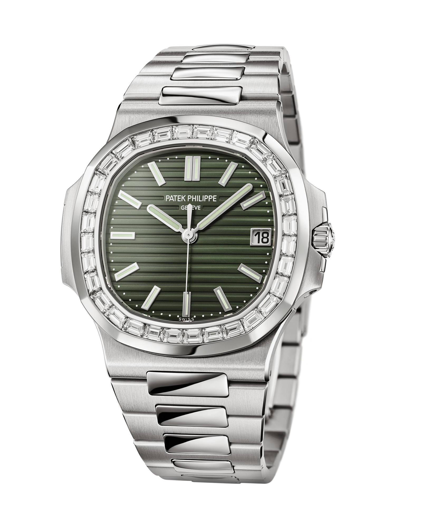 A silver watch with a diamond bezel and green face