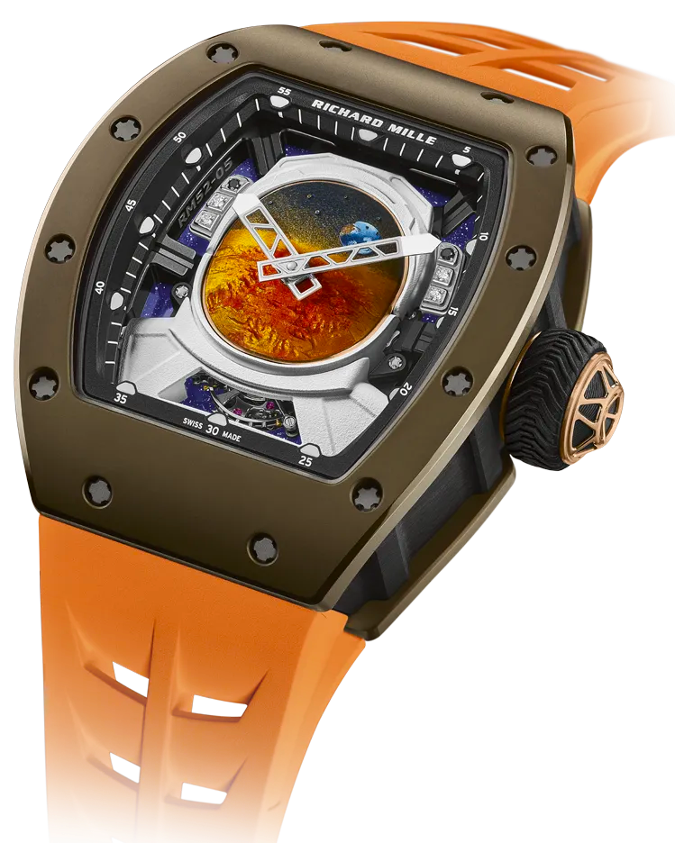 A steel watch with an illustration of an astronaut with the planet surface of mars reflecting in their visor