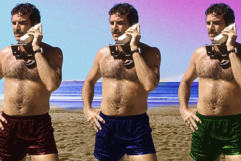 A collage of tom selleck in different bathing suits on a hand tinted beach background