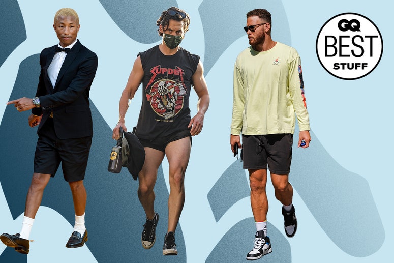 pharrel, milo ventimiglia, and blake griffin wearing different shorts on an abstract background