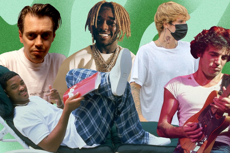 a collage of will smith, steve buscemi, lil uzi vert, justin bieber, and bruce springsteen all wearing white t-shirts on an abstract green background