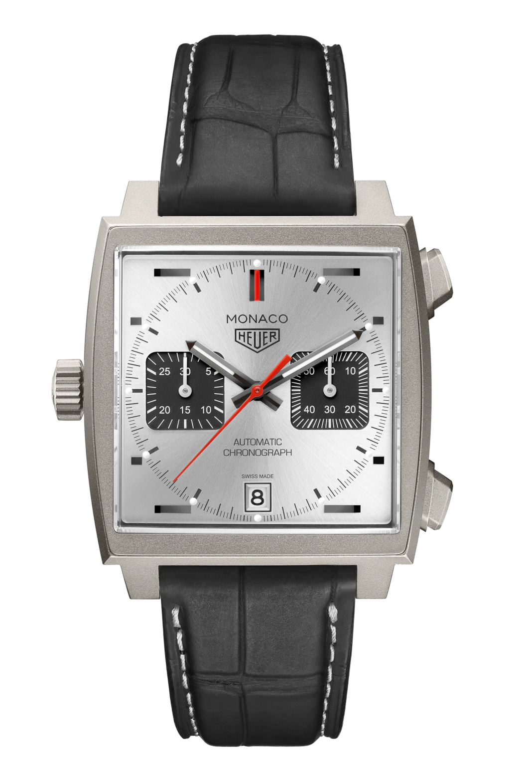 A steel watch with a bright grey face
