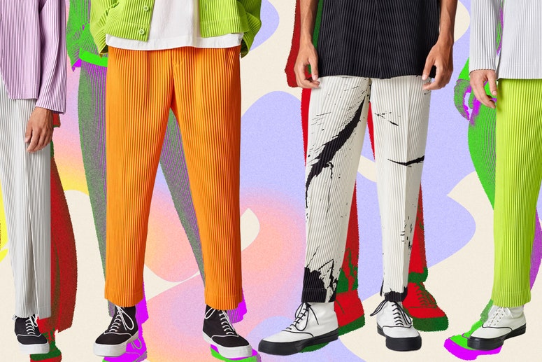 Four people wearing different pleated issey miyake pants on a colorful abstract background