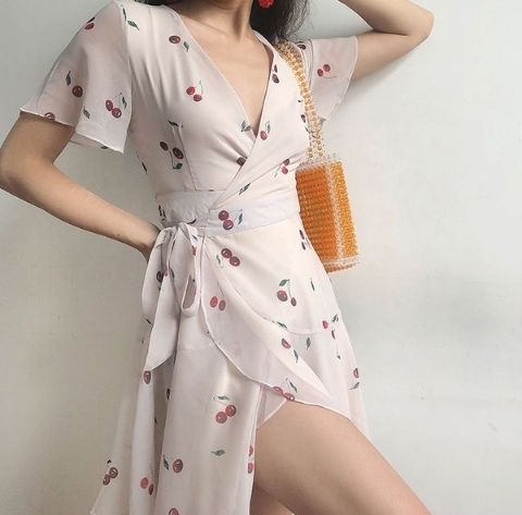 Sinora Short-Sleeve Cherry Print A-Line Wrap Dress