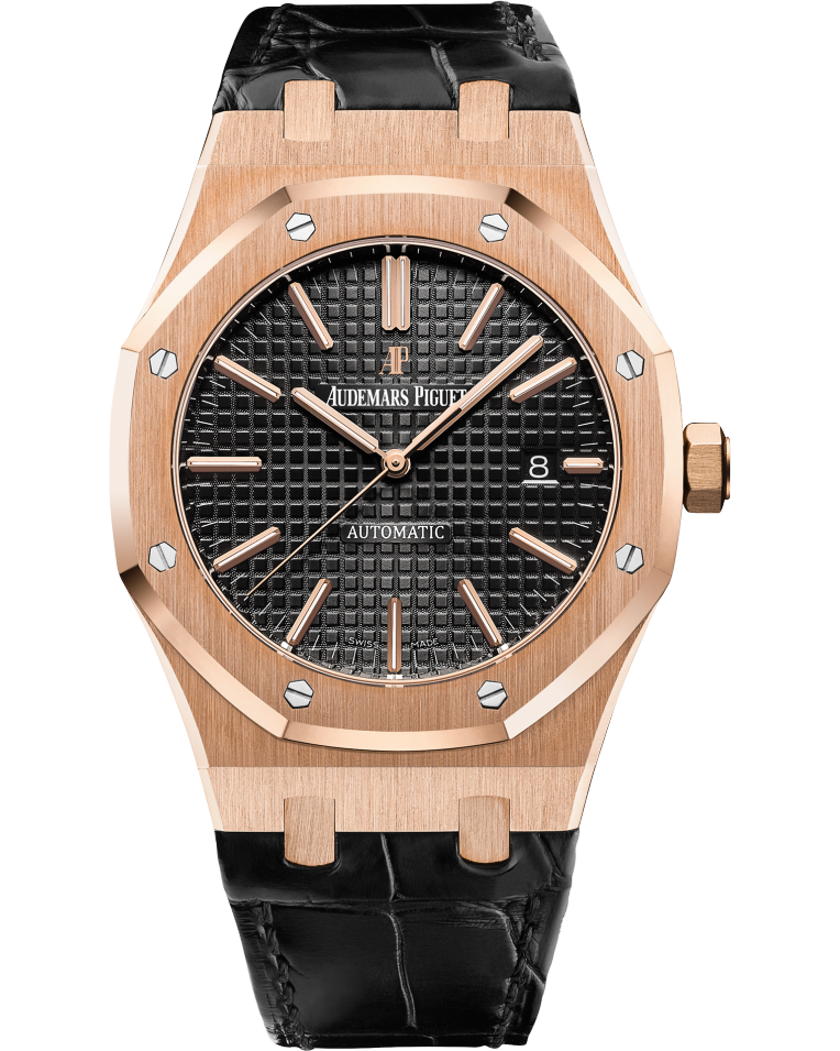 A rose gold watch with a black face