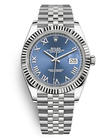 A steel watch with a blue face