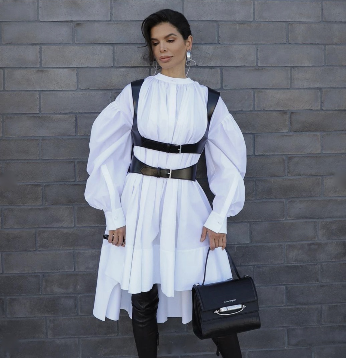 white shirt dress black harness puffy sleeves stylerave