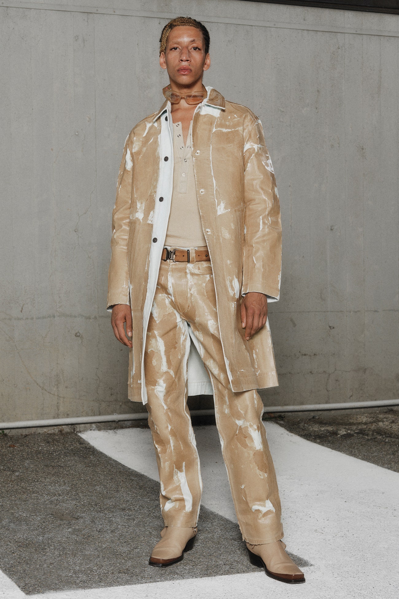 A look made from deadstock packing paper.
