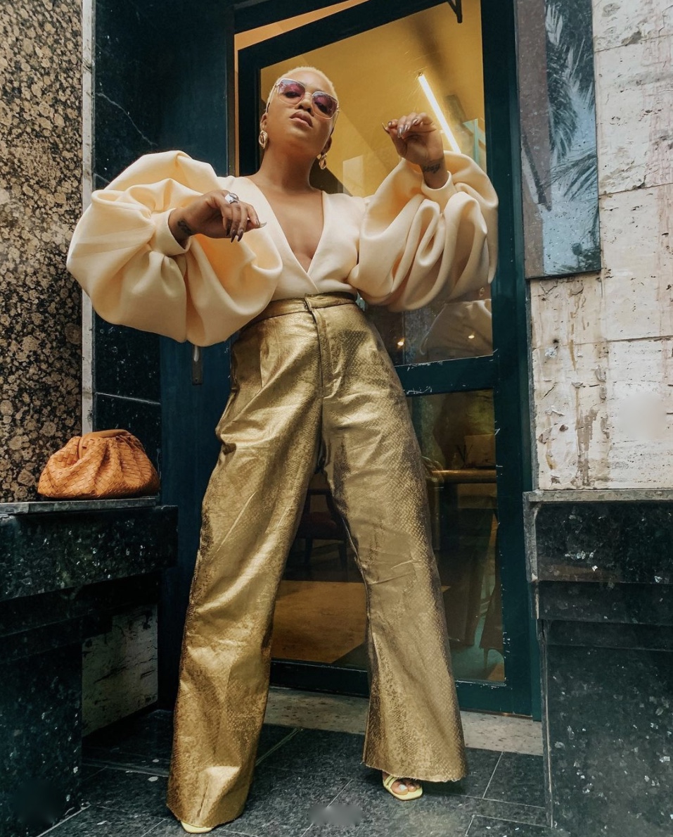gold wide leg trousers tops with puffy sleeves stylerave