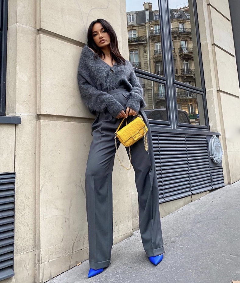 grey cardigan blue pumps yellow crossbody bag stylerave