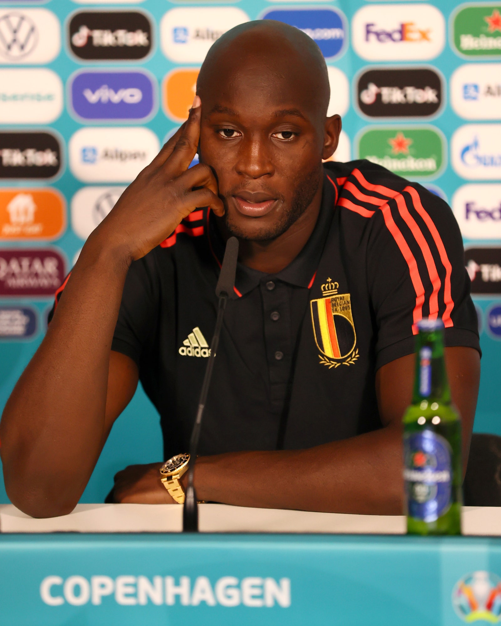 Romelu Lukaku of Belgium speaks to the media during the Belgium Press Conference after the UEFA Euro 2020 Championship...