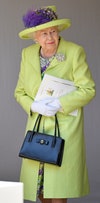 Image may contain: Elizabeth II, Hat, Clothing, Apparel, Human, Person, Accessories, Accessory, Bag, and Handbag