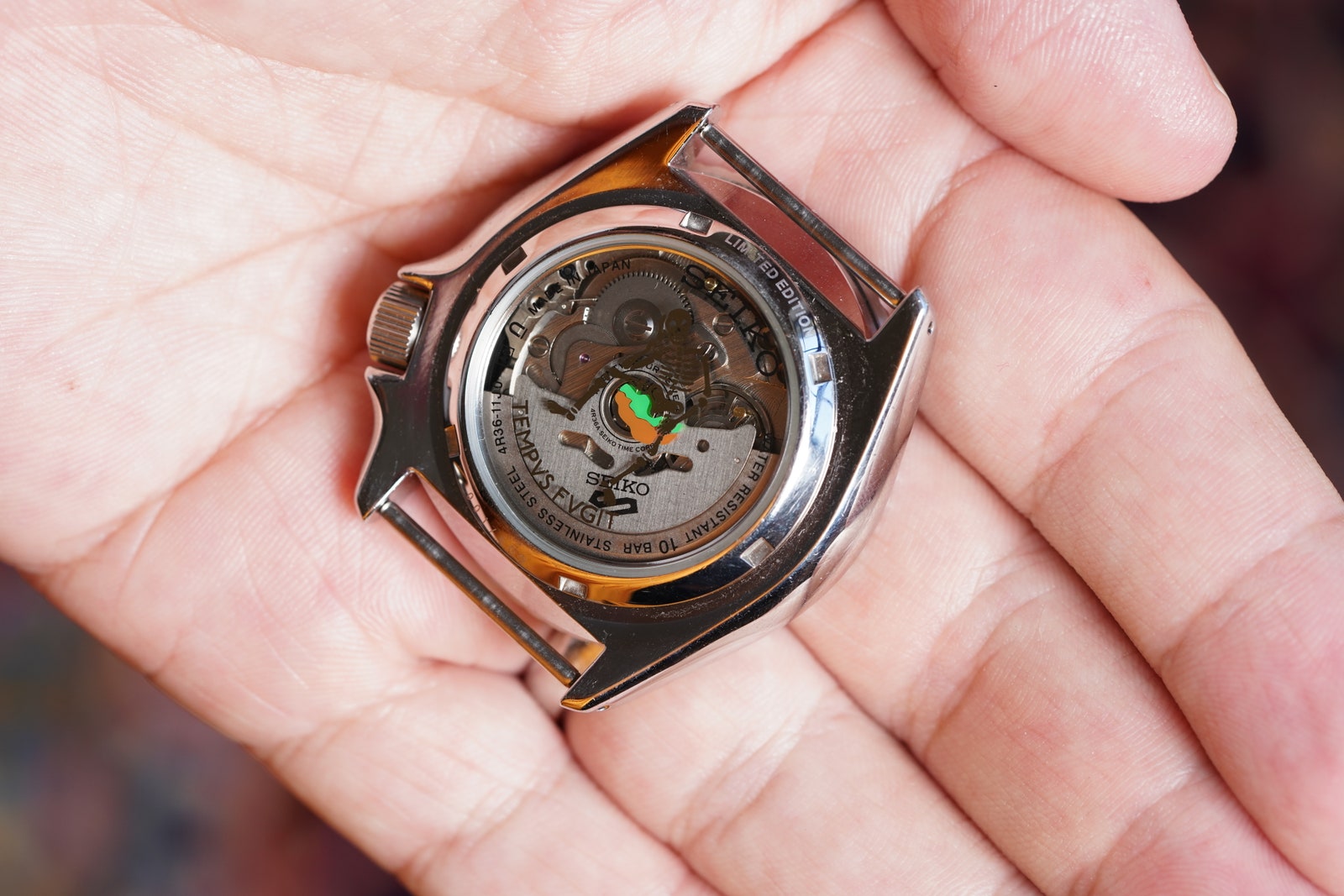 The bored skeleton on the watch's caseback