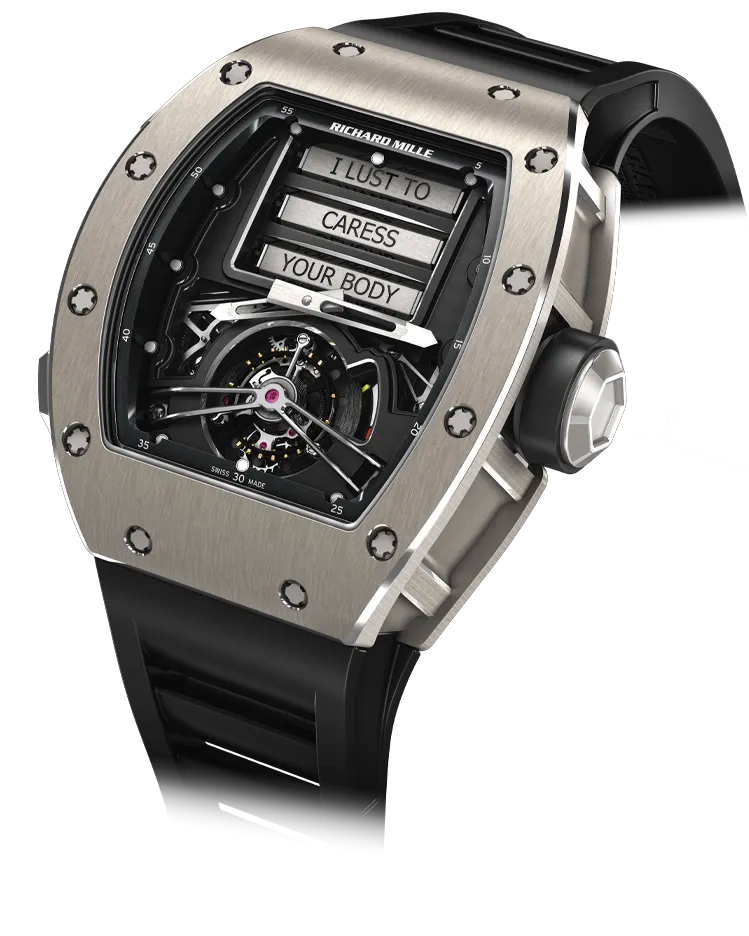 A steel watch with tumblers inside generating randomly made erotic poems