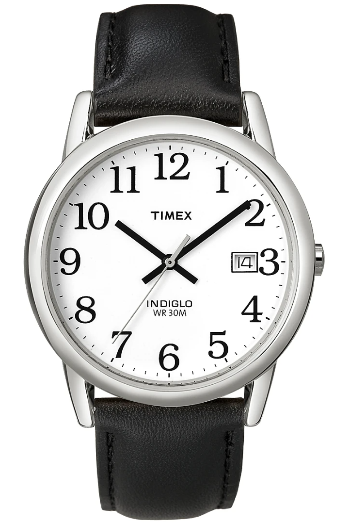 A steel watch with a white face