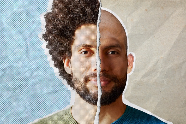 Man with hair and man with no hair split in the middle with a rip