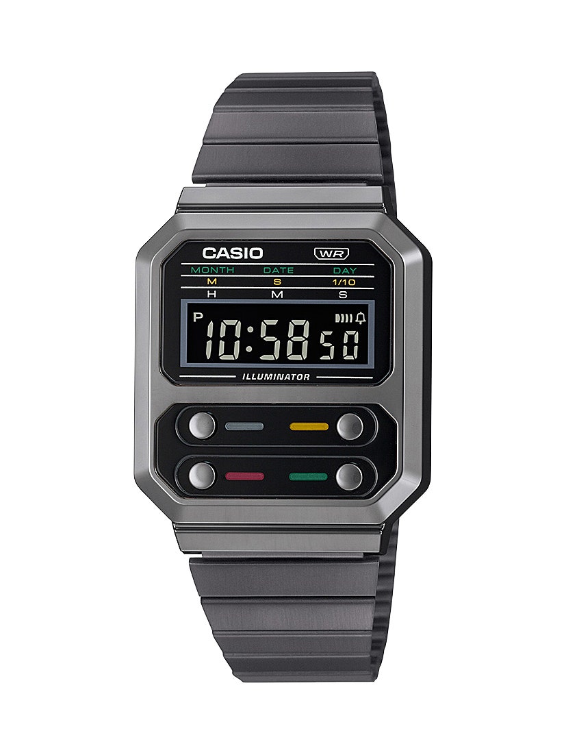 A black digital watch with multiple colored buttons on it