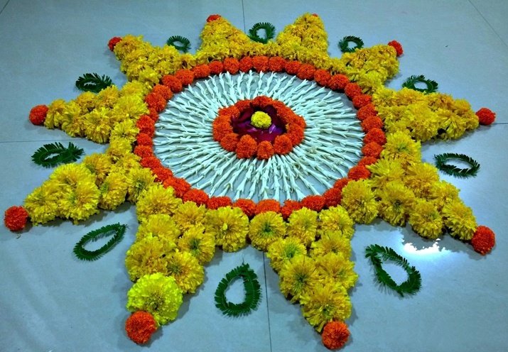 Rangoli Design with marigold flowers