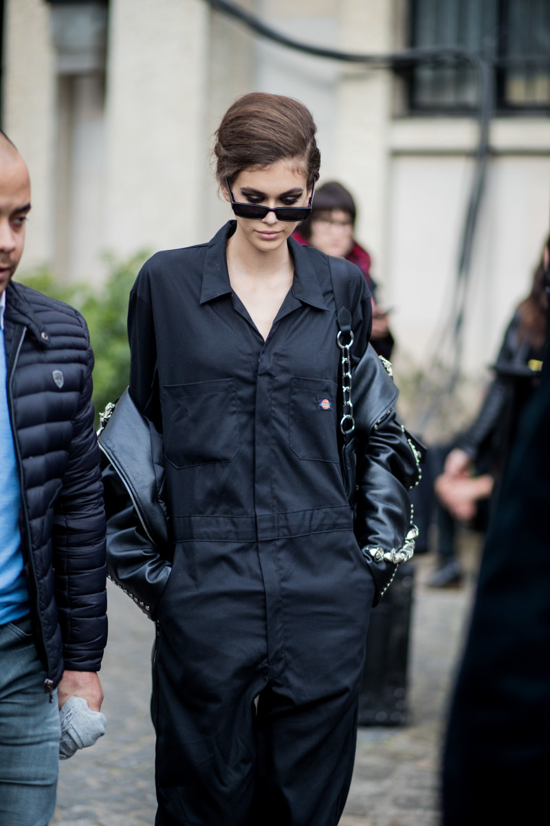 Kaia Gerber in a Dickies jumpsuit at Paris Fashion Week.