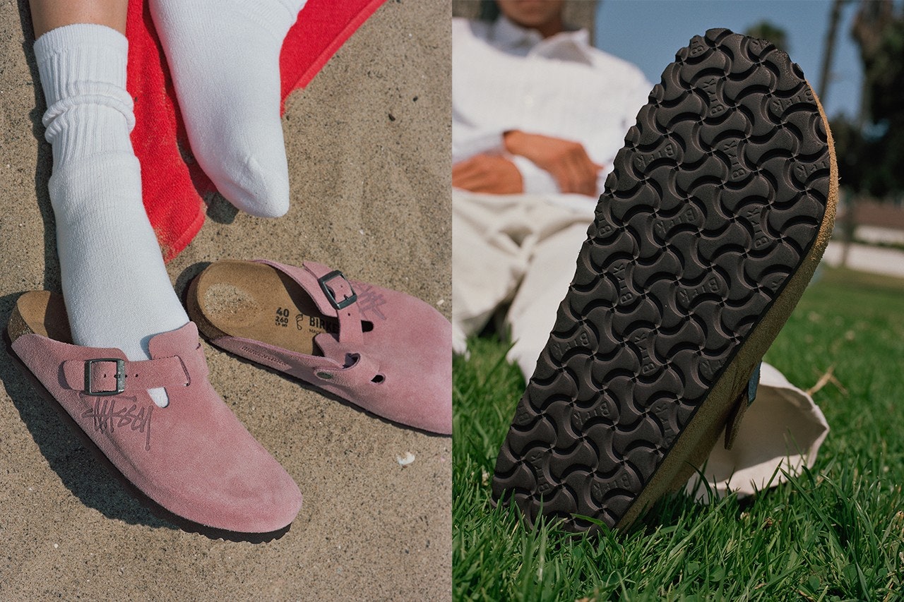 A photo of peoples feet wearing pink suede sandals on the beach and the sole of a suede sandal at the park
