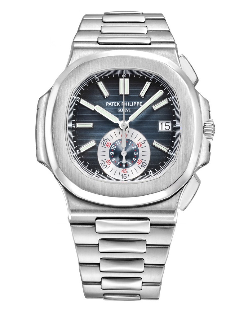 A steel watch with a blue face