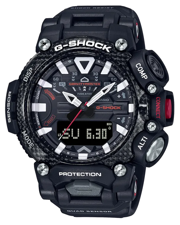 A black watch with white and red accents